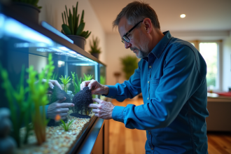Homme versant charbon actif dans un grand aquarium intérieur