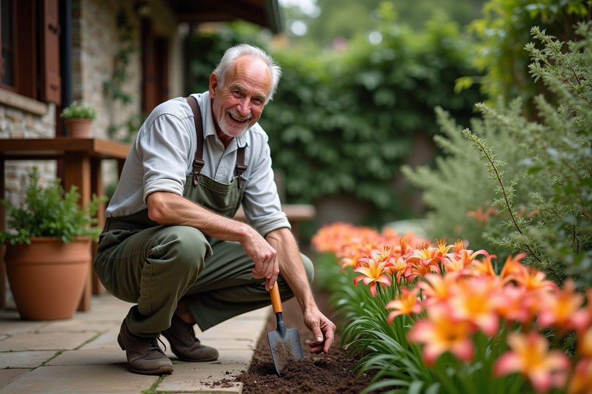 Homme âgé plantant des lys dans un patio ensoleillé