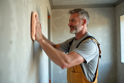 Homme d'âge moyen nettoyant un mur en rénovation intérieure