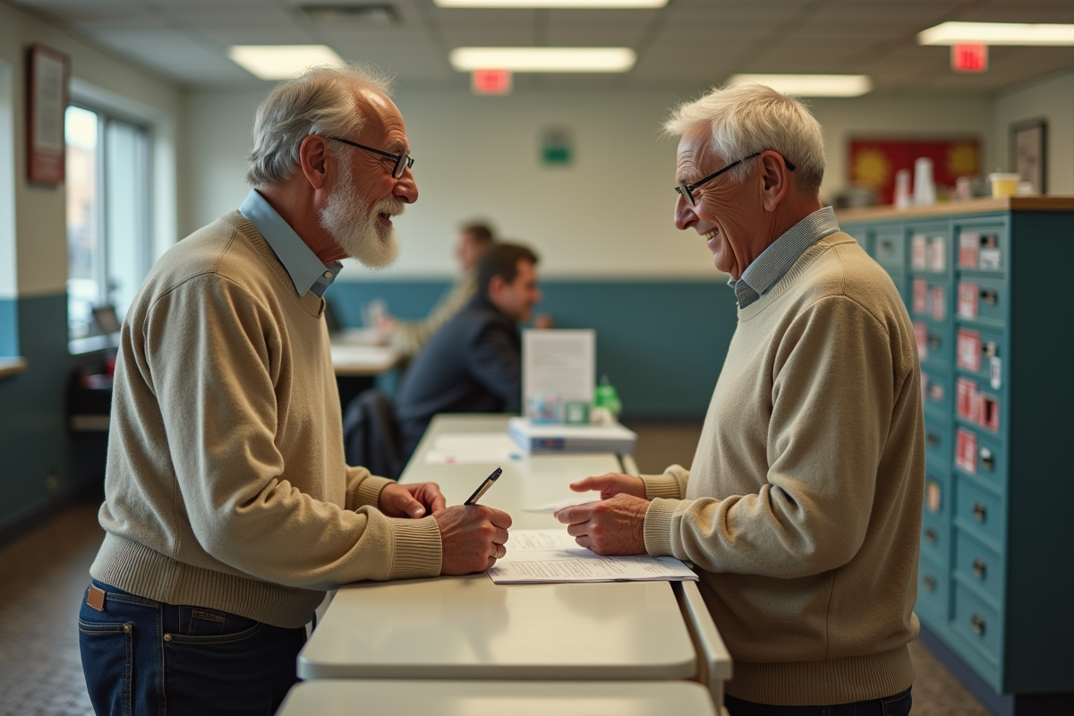Homme âgé remettant une lettre à un agent postal souriant