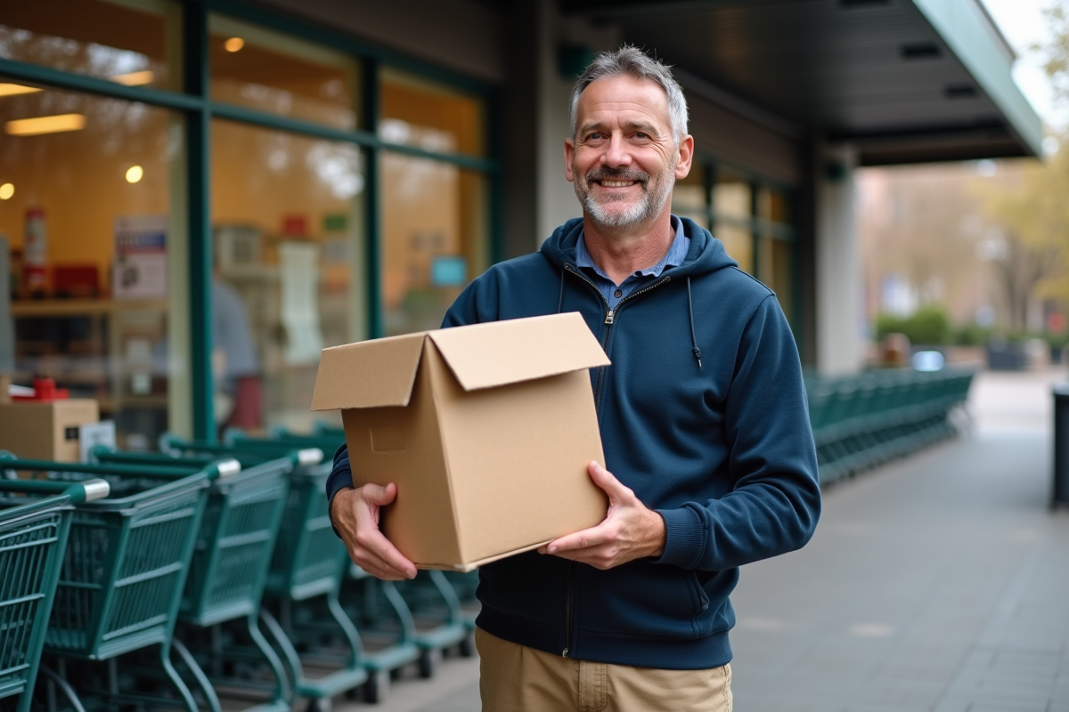 Homme avec cartons recyclés devant un supermarche