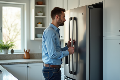 Homme d'&acirc;ge moyen examine un r&eacute;frig&eacute;rateur moderne dans une cuisine &eacute;l&eacute;gante