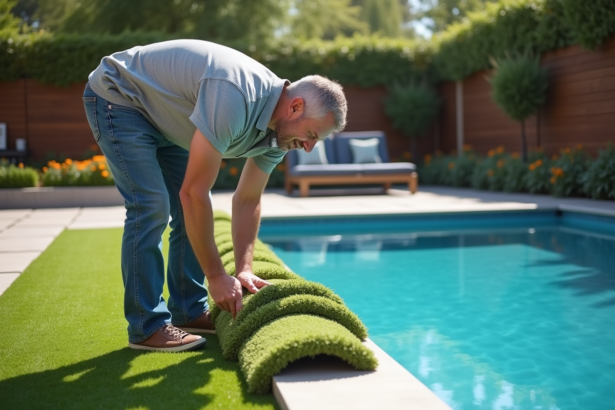 Homme posant du gazon synthétique au bord de la piscine dans le jardin