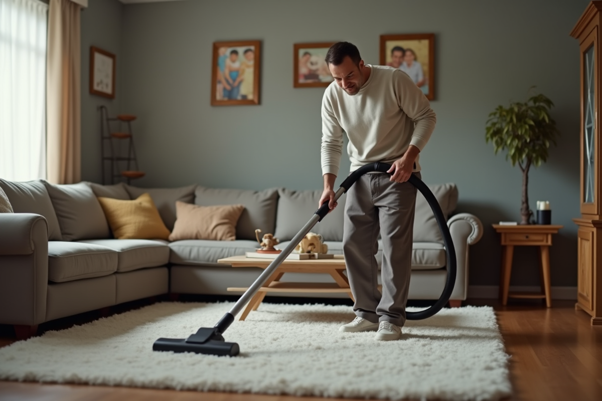 Homme aspirant un tapis dans un salon chaleureux et cosy