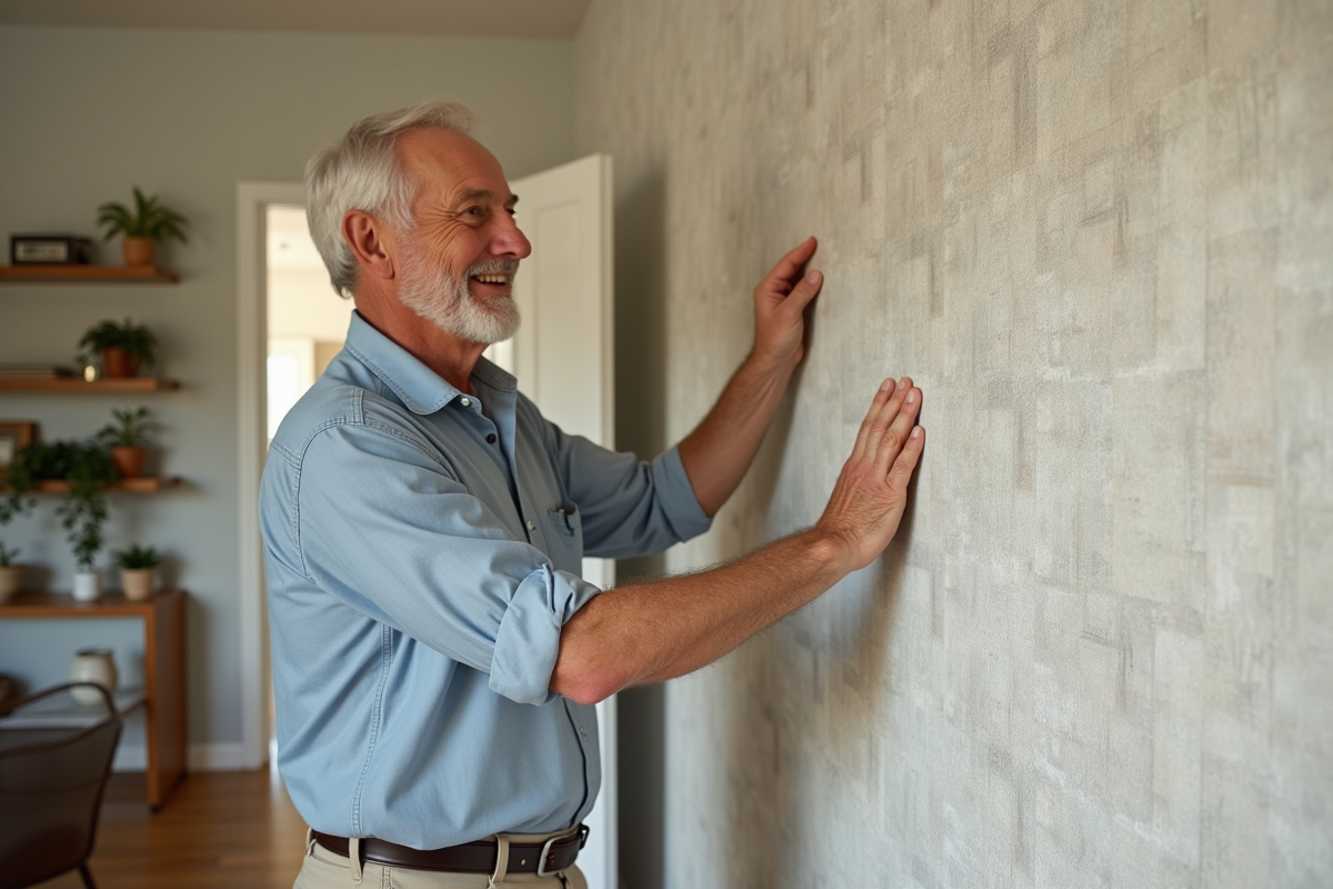 Homme appliquant des panneaux muraux dans un salon chaleureux