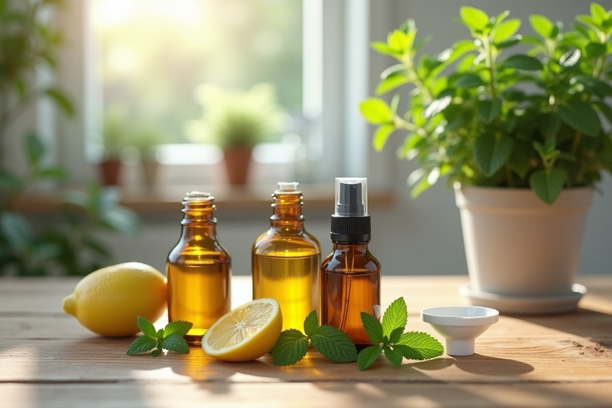 Ingrédients pour spray anti-insectes maison sur table en bois