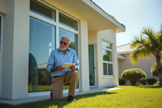 Inspecteur vérifiant fenêtres résistantes aux ouragans d'une maison moderne en Floride