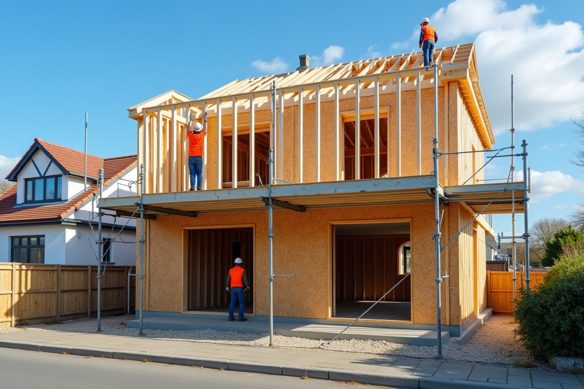 Ouvriers inspectant la charpente en bois d'une extension de maison