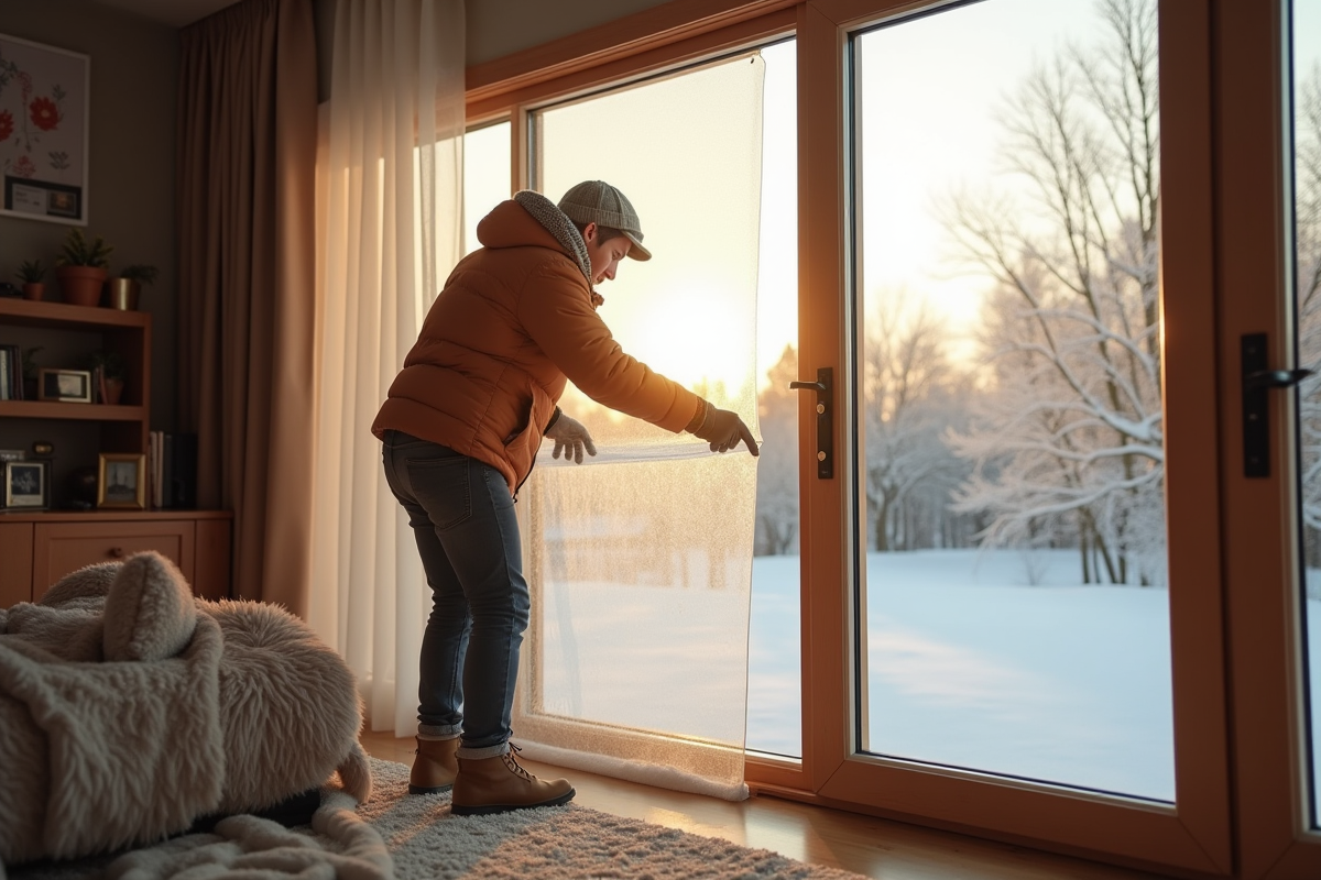 Personne posant un film isolant sur une grande fenêtre en hiver
