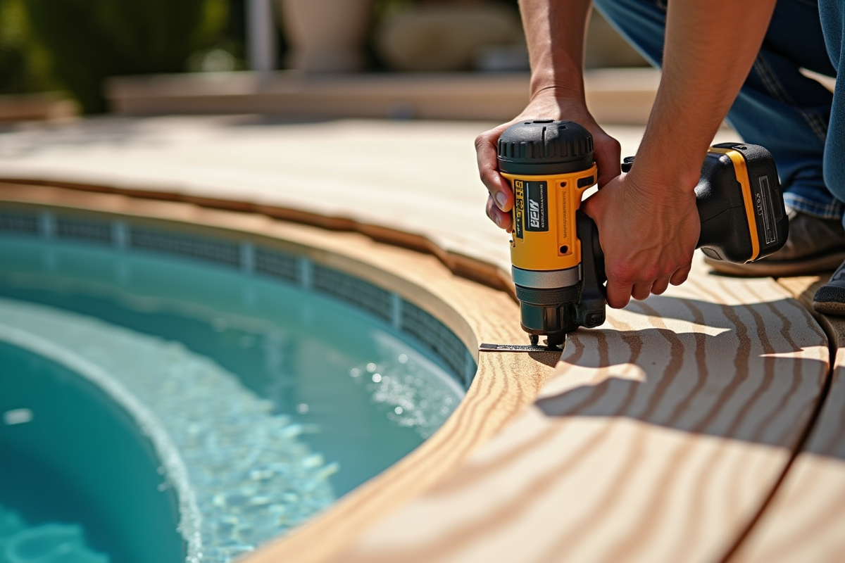 Installation de la terrasse en bois composite pour piscine semi-enterrée