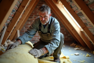 Ouvrier appliquant de la laine minérale dans un grenier rénové