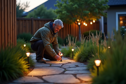Homme arrangeant des lumières solaires dans un jardin au crépuscule