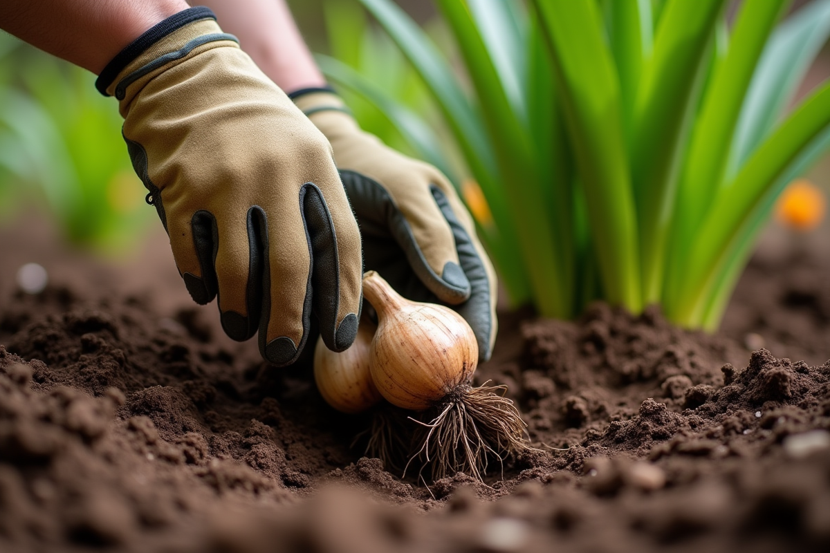Jardinier creusant des bulbes de lis dans un jardin ensoleille