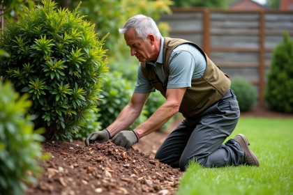 Jardinier homme appliquant du broyat autour d'un arbuste en jardin