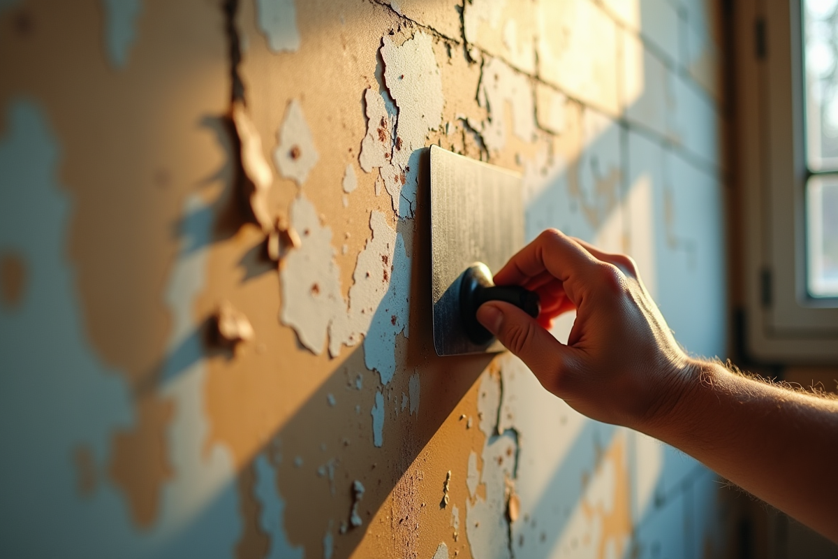 Personne utilisant une spatule sur un mur écaillé et ensoleillé
