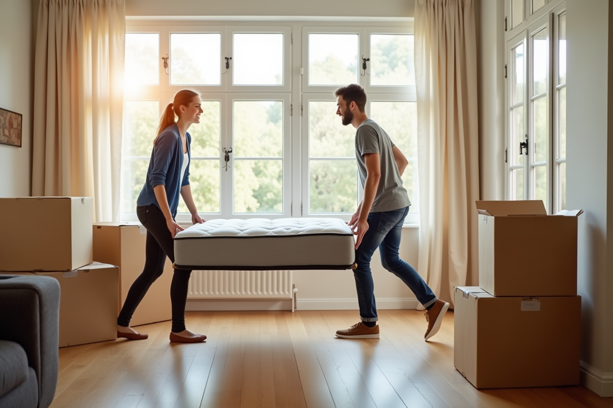 Jeune couple heureux portant un matelas dans un salon lumineux