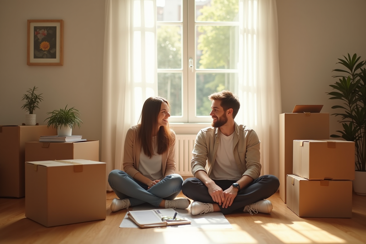 Jeune couple dans leur nouvel appartement souriant et planifiant