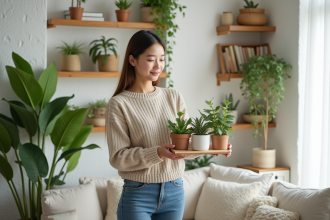 Jeune femme arrangeant des plantes dans un salon lumineux