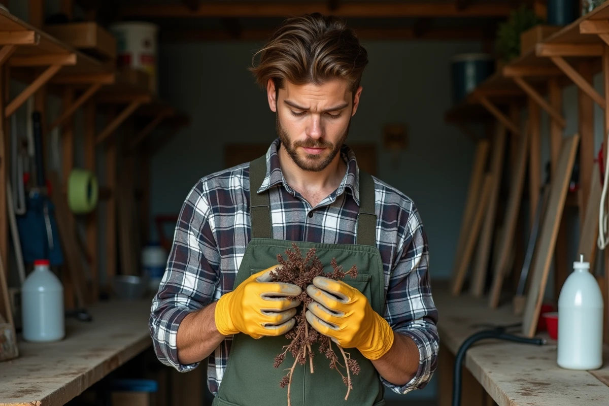 Jeune homme examinant des mures dans un atelier de jardinage