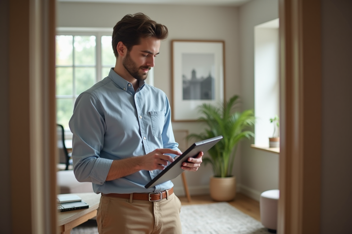 Jeune homme vérifiant une checklist sur une tablette dans un bureau