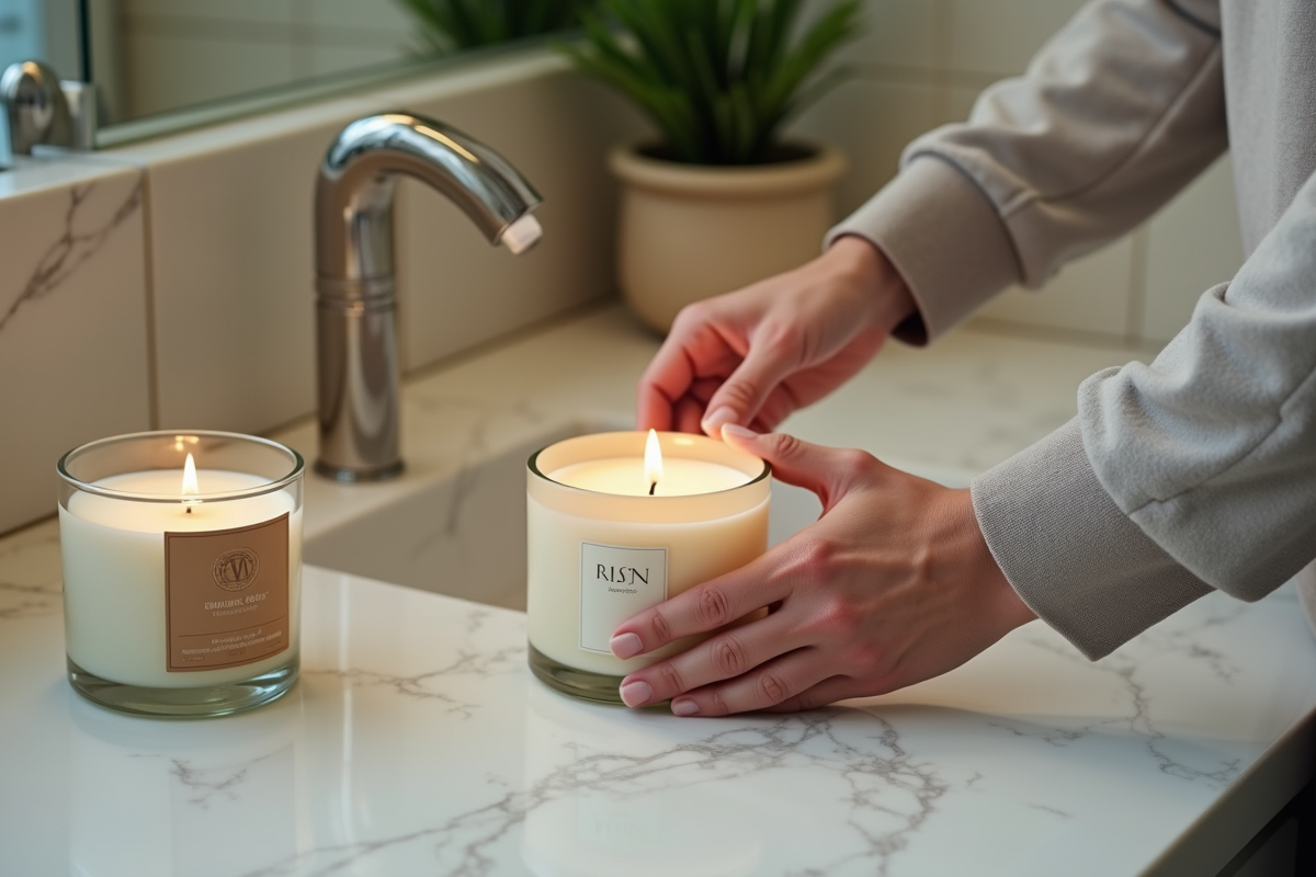Homme arrangeant des bougies parfumées sur un comptoir en marbre