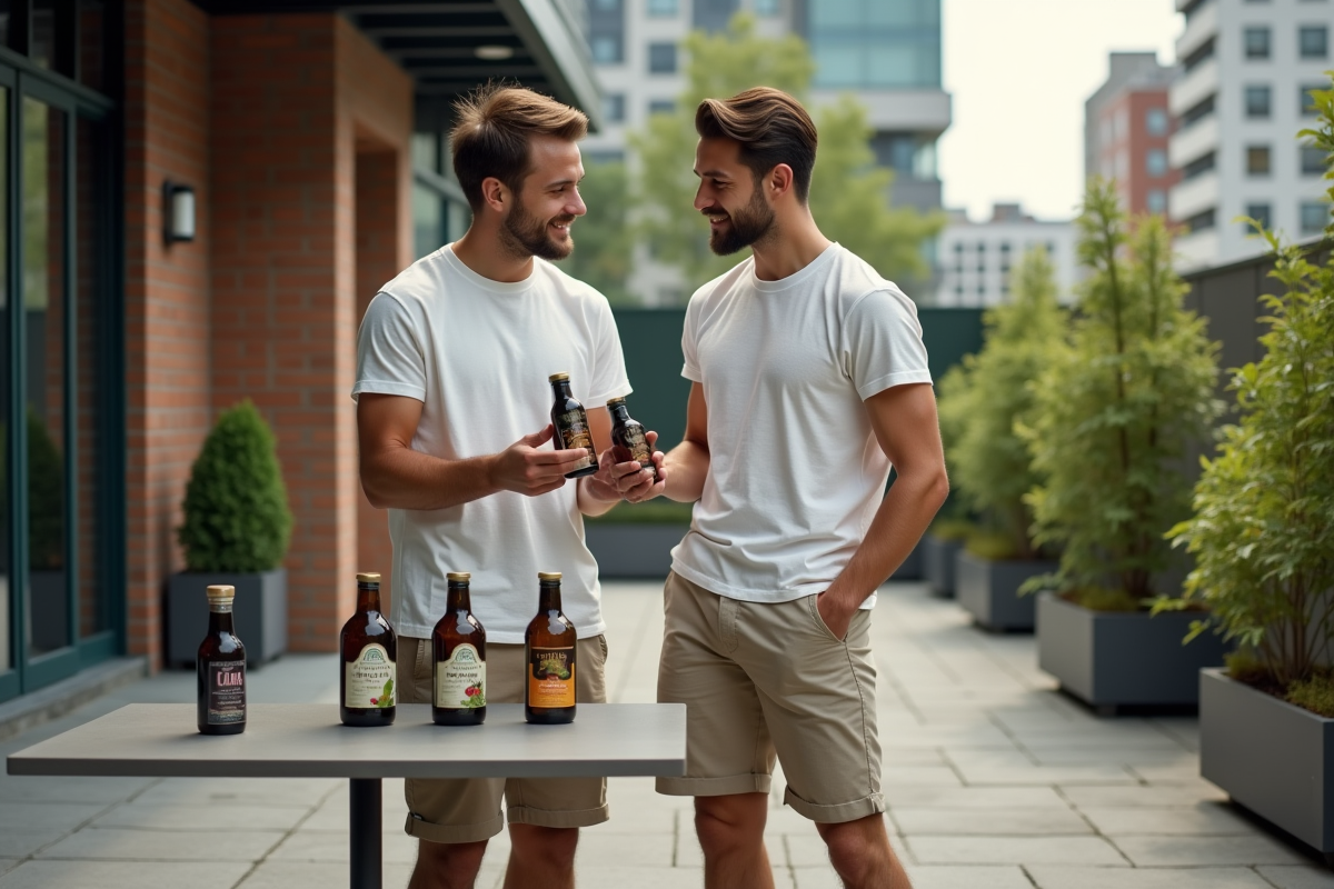 Jeune homme comparant deux bouteilles de vinaigre dans un jardin urbain
