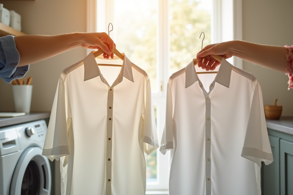 Deux mains tenant des chemises blanches avec vinaigre et bicarbonate