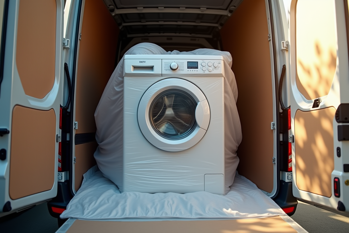 Lave-linge emballé dans un camion de déménagement avec lumière naturelle