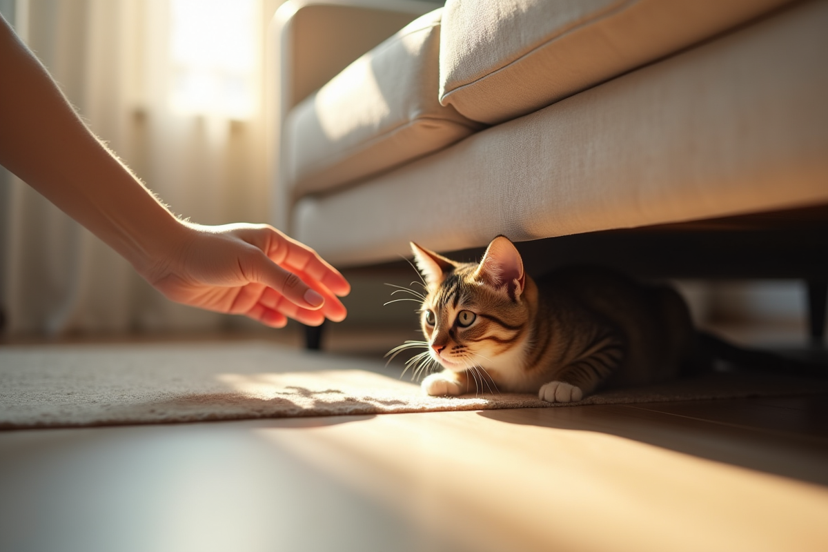 Main douce tendant vers un chat nerveux sous un canapé moderne