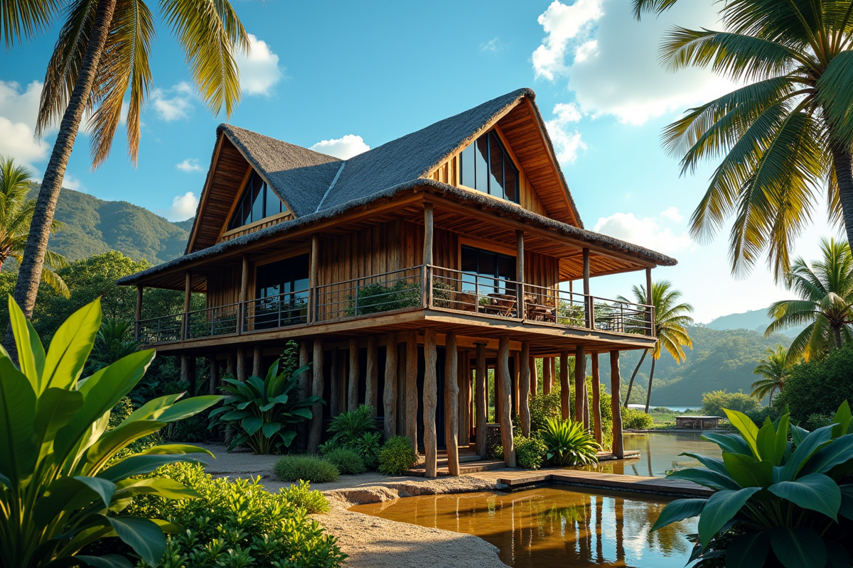 Maison en bois sur pilotis en Queensland avec verdure tropicale