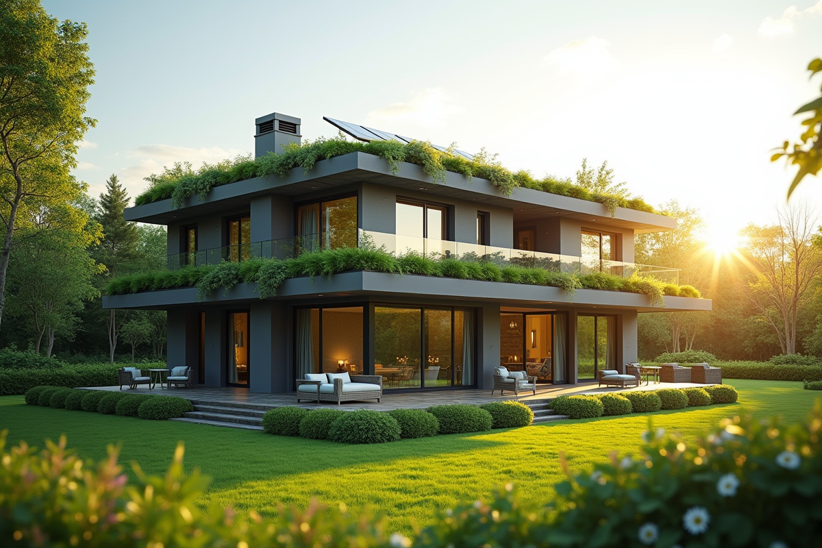Maison écologique avec toit végétal et panneaux solaires