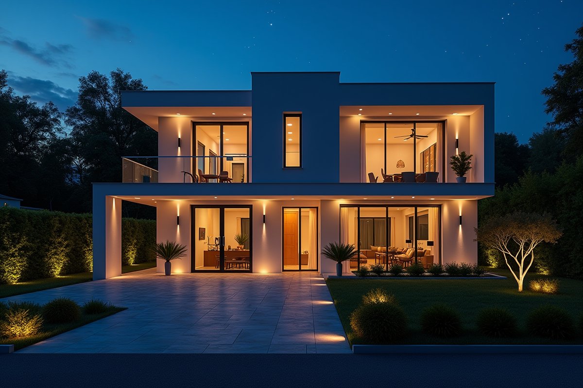 Maison moderne éclairée par LED à la tombée de la nuit