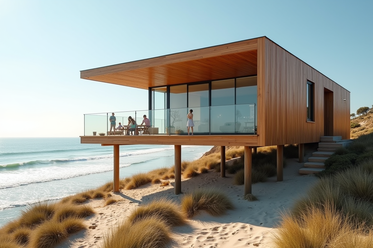 Maison moderne sur pilotis avec vue sur la côte australienne en plein jour