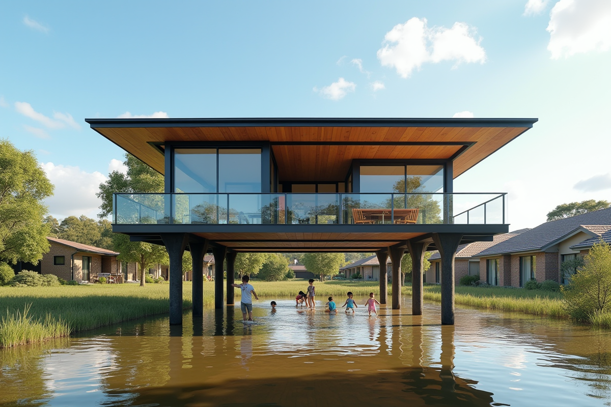 Maison moderne sur pilotis avec enfants jouant en extérieur