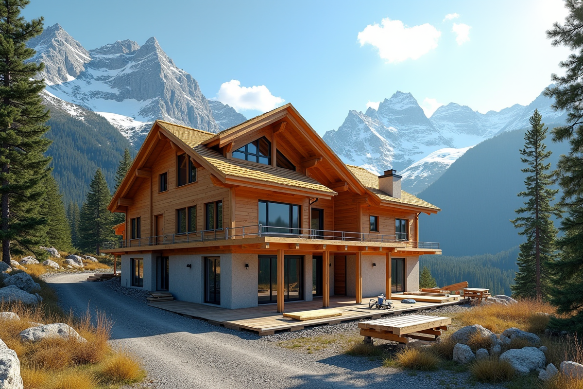 Maison en bois en construction dans les montagnes enneigees