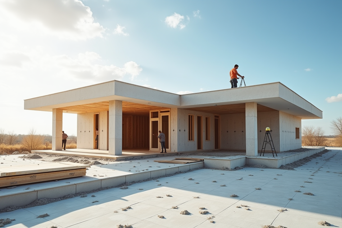 Maison moderne à toit plat en construction avec isolation