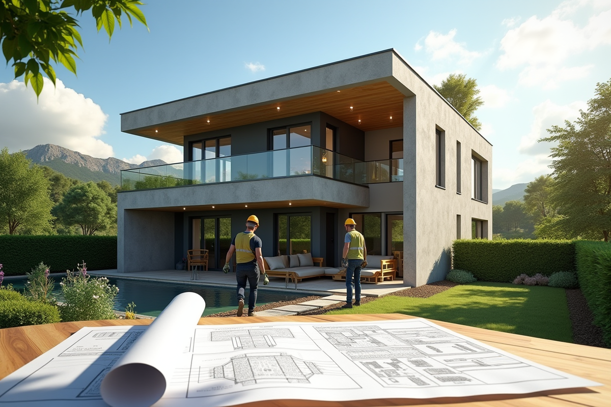 Maison moderne en extension avec ouvriers et plans