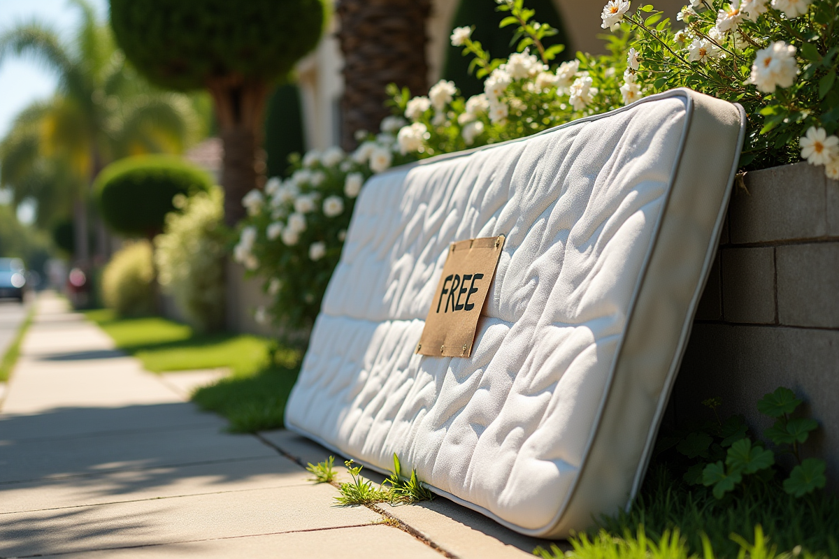 Matelas dehors avec panneau gratuit sur une rue ensoleillée
