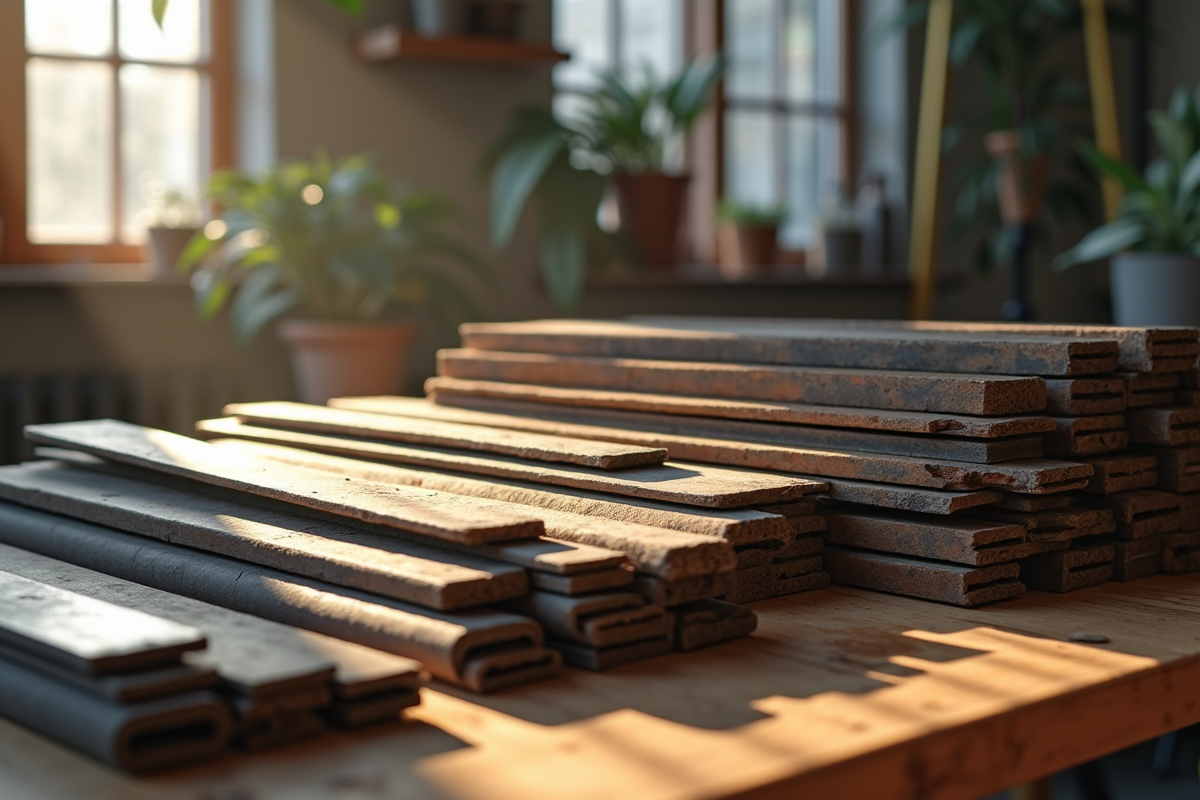 Barres et feuilles de métal recyclé sur une table en bois