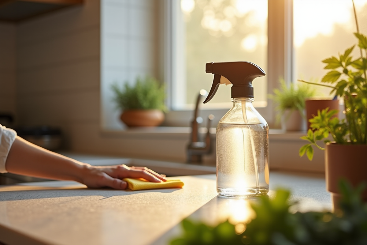 Personne nettoyant un plan de travail avec vinaigre dans une cuisine lumineuse
