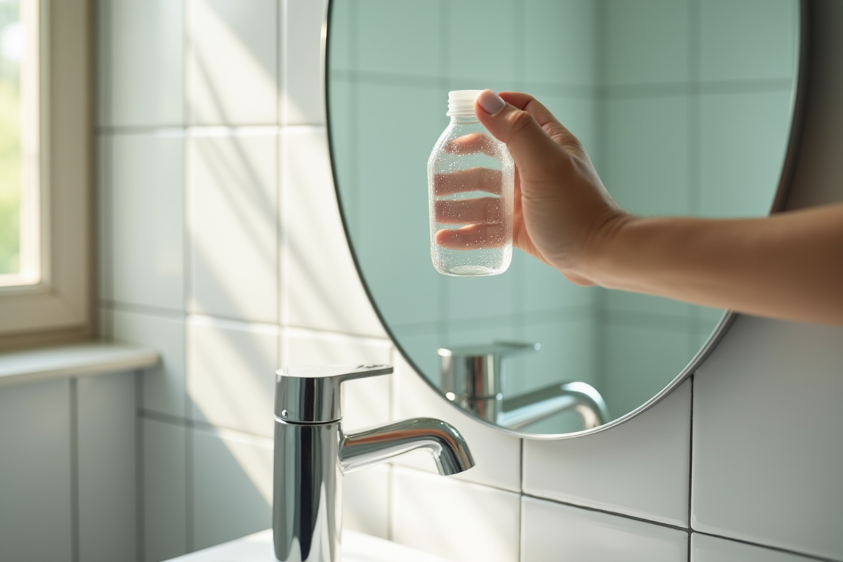 Main utilisant du vinaigre pour nettoyer un miroir de salle de bain