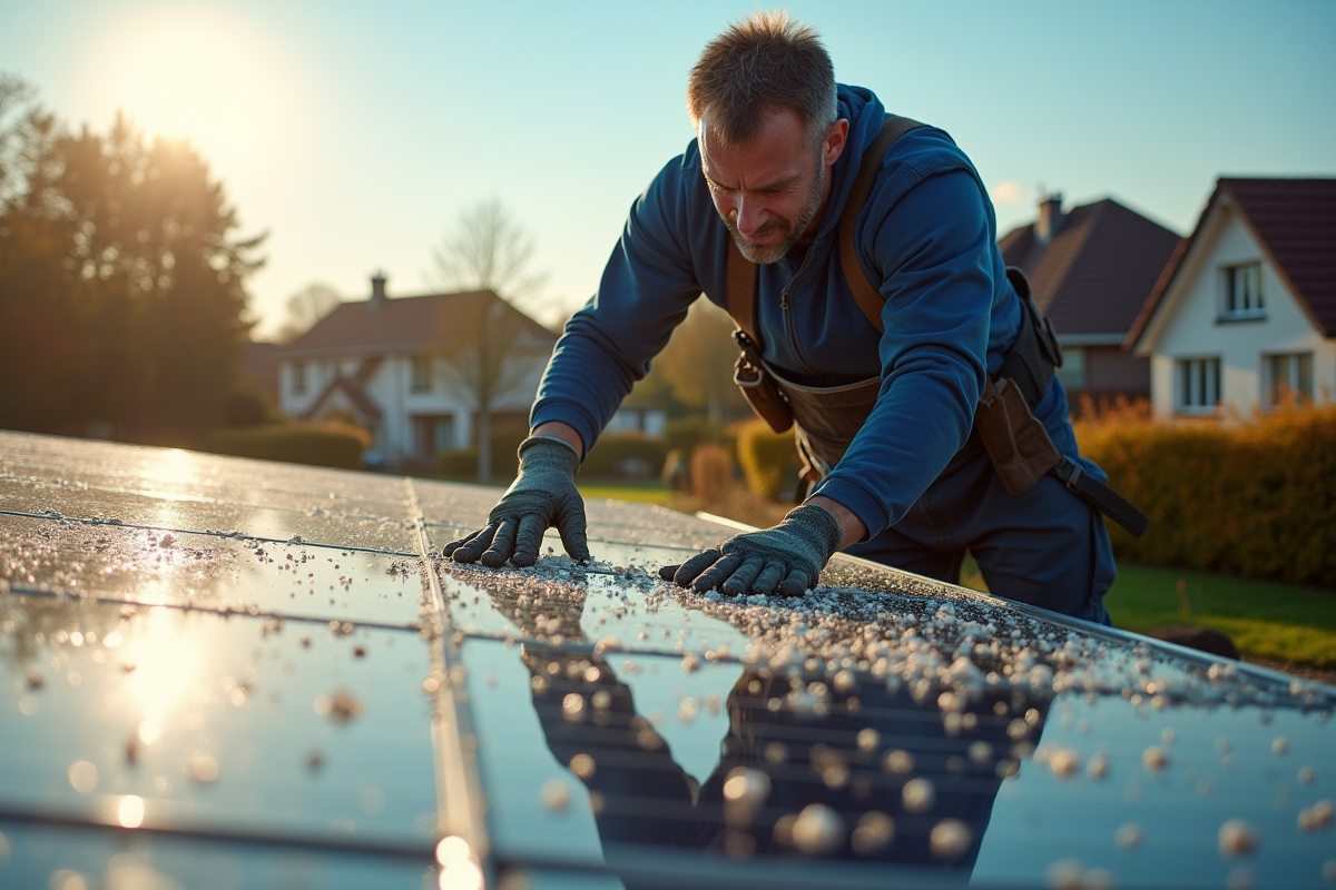 Technicien nettoyant des panneaux solaires sales dans un quartier résidentiel