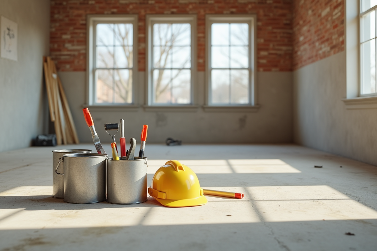 Outils de construction et peinture dans une pièce en rénovation