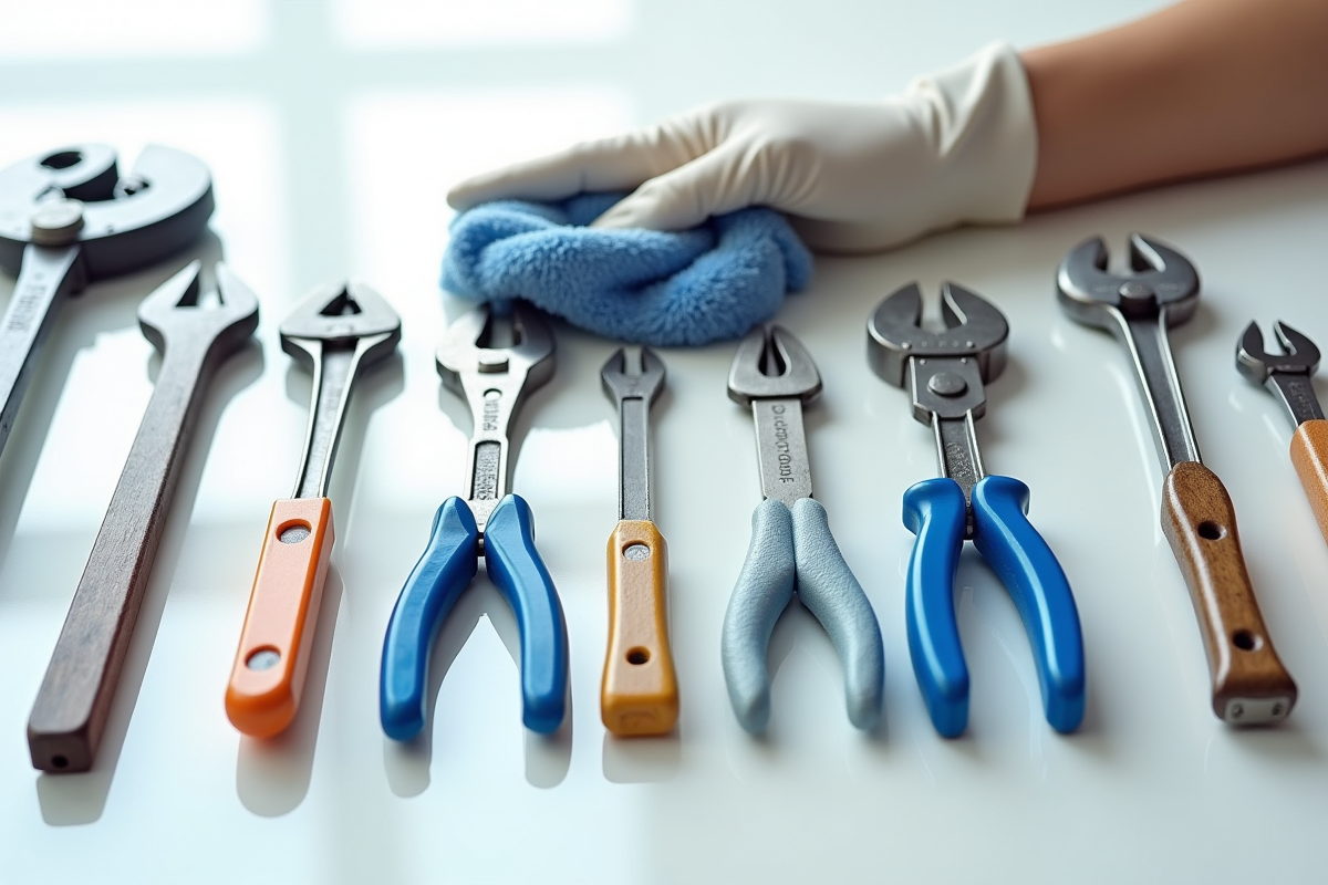 Jeu d outils de main propres et brillants sur surface blanche
