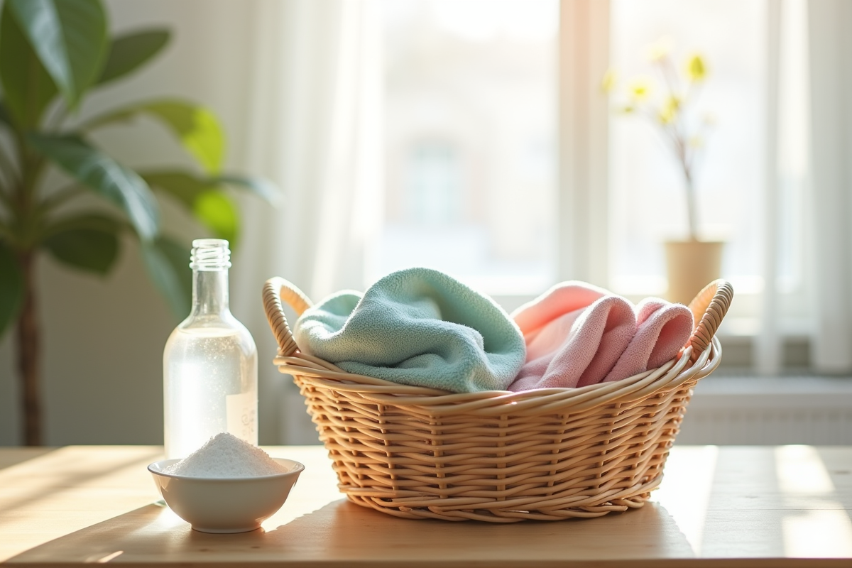 Panier à linge propre avec vinaigre et bicarbonate sur une table en bois