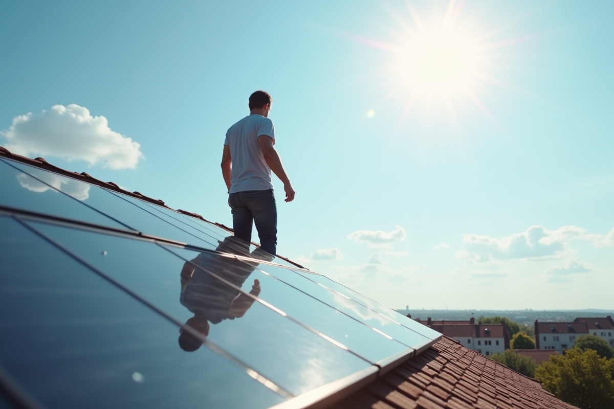 Propriétaire frustré inspectant ses panneaux solaires défectueux