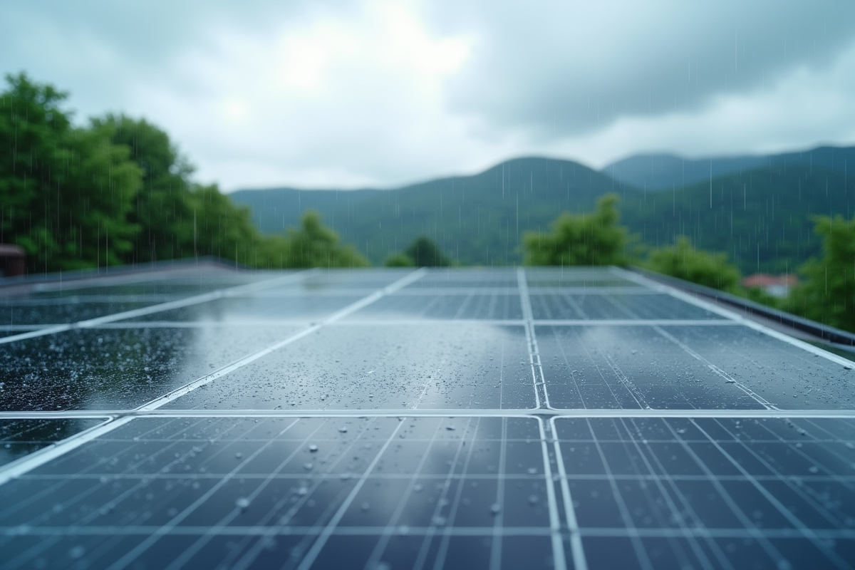 Panneaux solaires sur un toit moderne sous une pluie légère