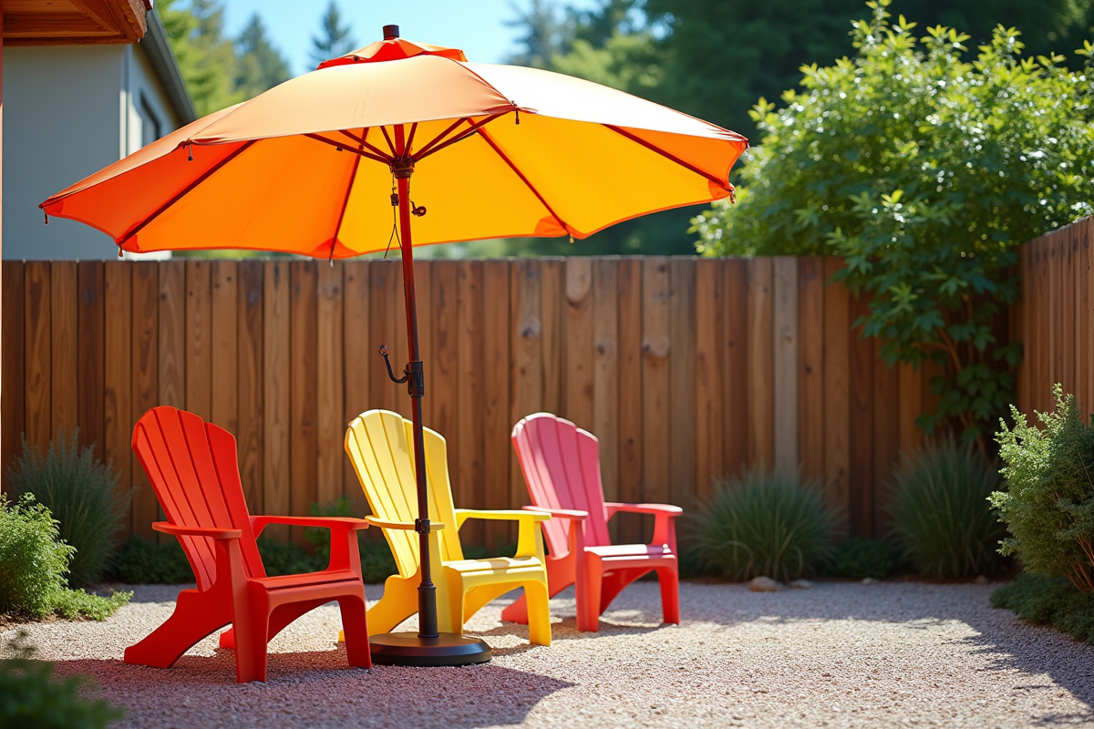 Patio en gravier avec chaises colorées et parasol bon marché en plein jour