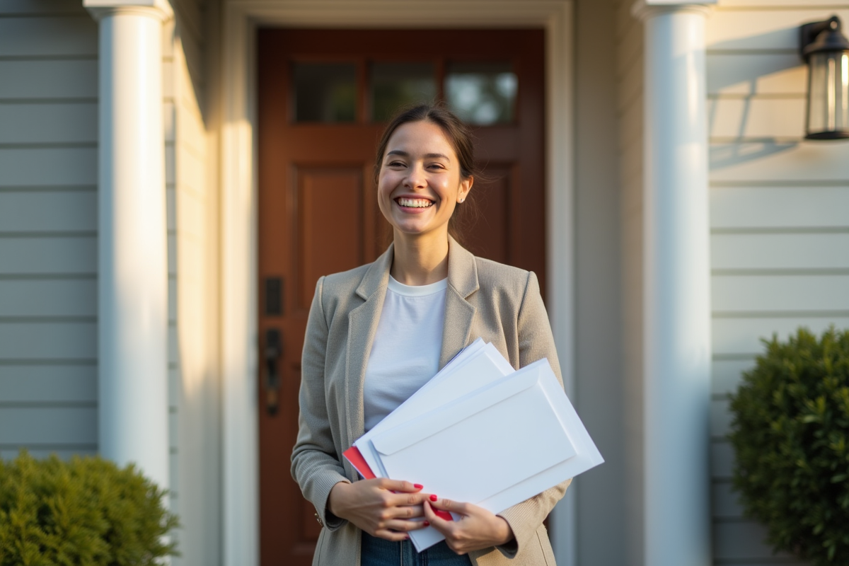 Personne souriante devant sa porte avec du courrier redirige