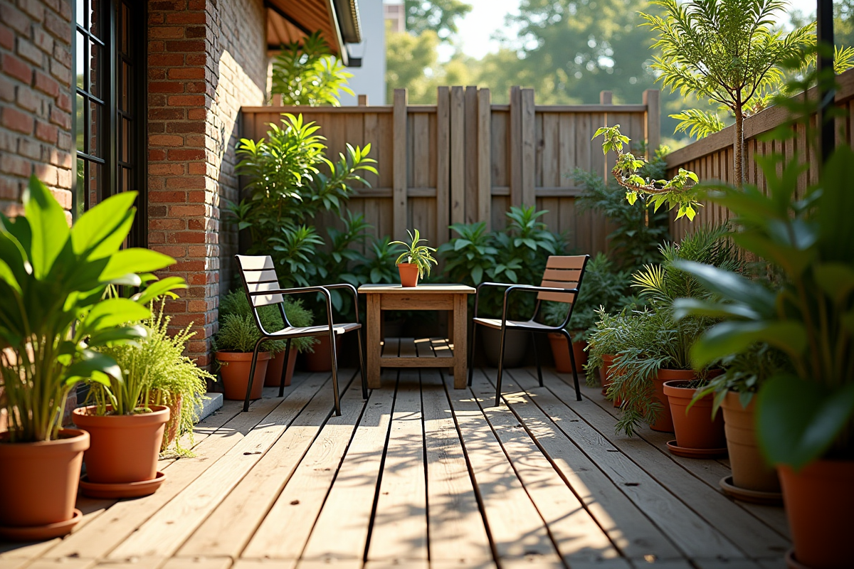 Petite terrasse en palettes en bois avec plantes vertes et mobilier simple
